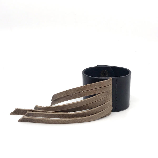 Stevie Black Leather Cuff with Fringe