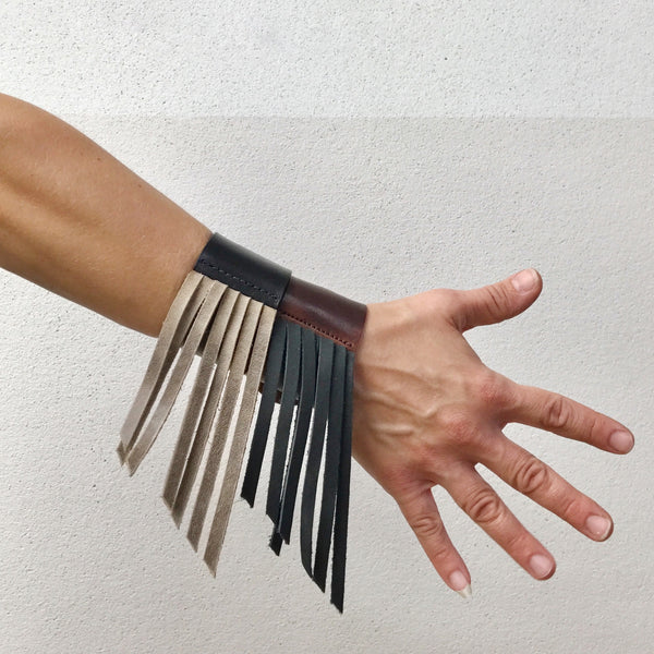 Stevie Black Leather Cuff with Fringe