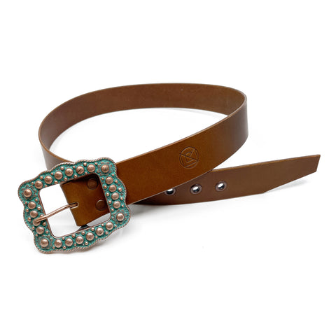 Cognac Belt with Turquoise Buckle
