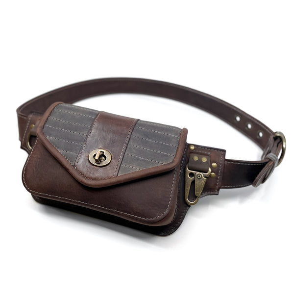 Moto Hip Pack in Dark Brown & Gray with Antique Brass Hardware - Readymade 36"-41"